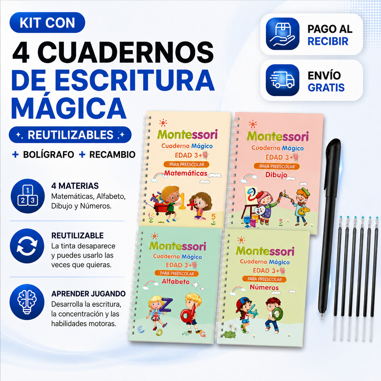 Kit con 4 cuadernos de escritura mágica reutilizables + bolígrafo + recambio