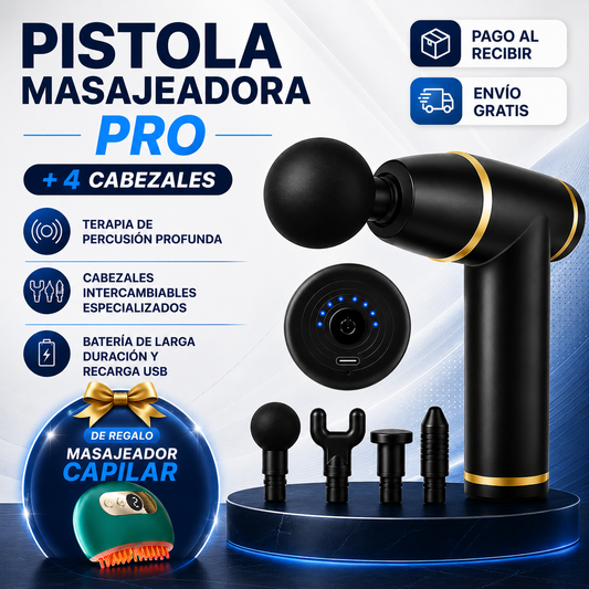 🔥 Pistola Masajeadora Pro + 4 Cabezales + Masajeador Capilar de REGALO EXCLUSIVO
