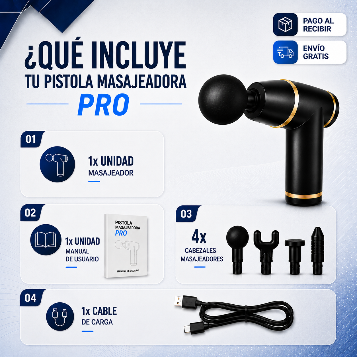 Pistola Masajeadora Pro + 4 Cabezales + Masajeador Capilar de REGALO EXCLUSIVO🎁