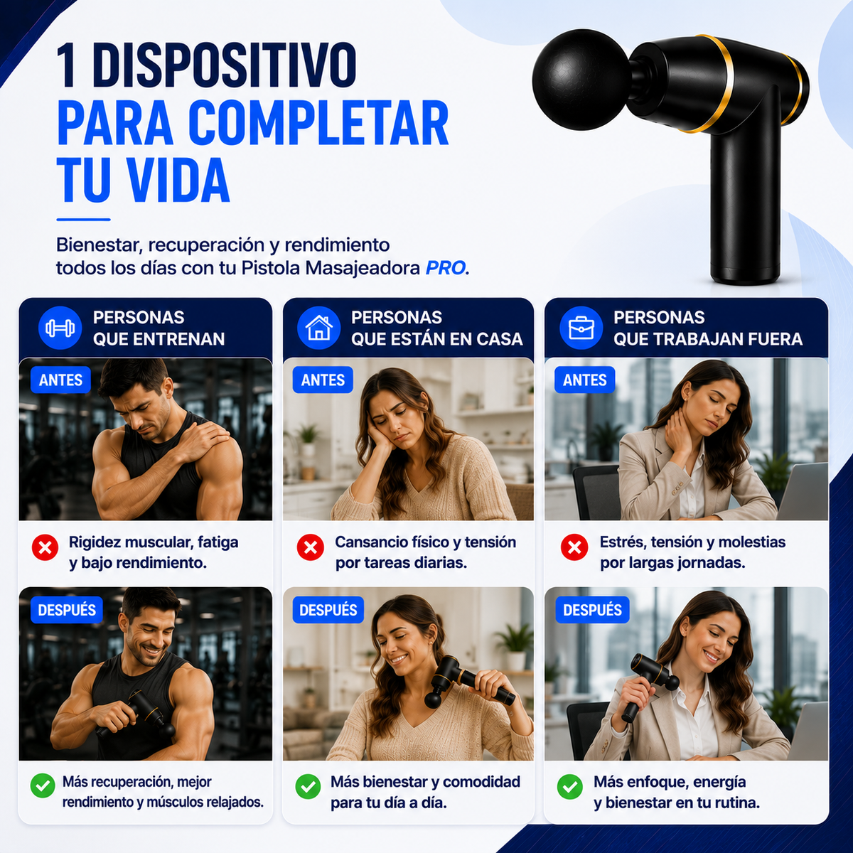🔥 Pistola Masajeadora Pro + 4 Cabezales + Masajeador Capilar de REGALO EXCLUSIVO