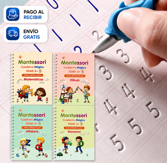Kit con 4 cuadernos de escritura mágica reutilizables + Bolígrafo + Recambio